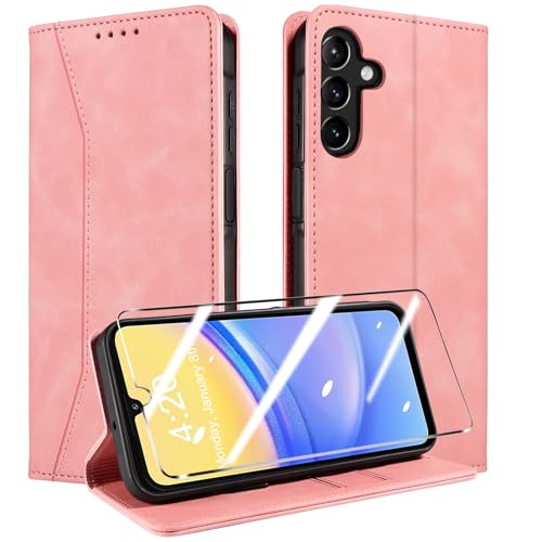 QHOHQ Handyhülle für Samsung Galaxy A15 4G/5G Hülle mit Panzer Folie, Premium Leder Schutzhülle, [RFID Sperrung Schutz], Magnet Klappbar Flip Case Tasche, Multifunktional, Stoßfest (Traum)-Rosa von QHOHQ