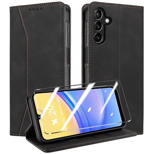 QHOHQ Handyhülle für Samsung Galaxy A15 4G/5G Hülle mit Panzerfolie, Premium Leder Schutzhülle, [RFID Sperrung Schutz], Magnet Klappbar Flip Case Tasche, Multifunktional, Stoßfest (Traum)-Schwarz von QHOHQ