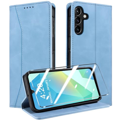 QHOHQ Handyhülle für Samsung Galaxy A16 4G / A16 5G / A26 5G Hülle mit Panzer Glas, Premium Leder Schutzhülle, [RFID Blockierung], Magnet Klappbar Flip Case Tasche, Multifunktional, Stoßfest-Hellblau von QHOHQ