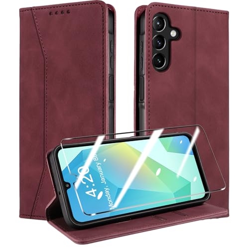 QHOHQ Handyhülle für Samsung Galaxy A16 4G / A16 5G / A26 5G Hülle mit Panzer Glas, Premium Leder Schutzhülle, [RFID Blockierung], Magnet Klappbar Flip Case Tasche, Multifunktional, Stoßfest-Weinrot von QHOHQ