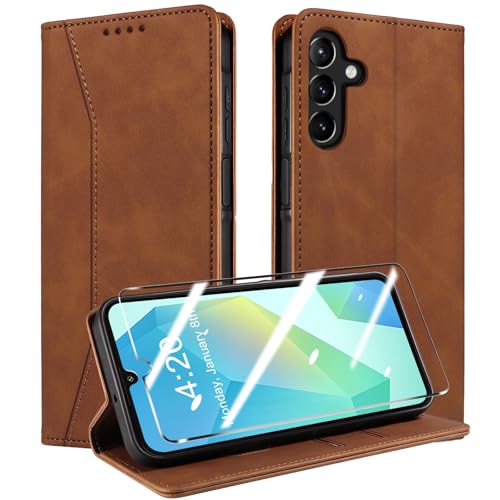 QHOHQ Handyhülle für Samsung Galaxy A16 4G / A16 5G / A26 5G Hülle mit Panzer Glas, Premium Leder Schutzhülle, [RFID Blockierung], Magnet Klappbar Flip Case Tasche, Multifunktional, Stoßfest-Braun von QHOHQ