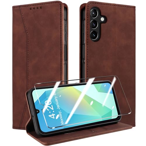 QHOHQ Handyhülle für Samsung Galaxy A16 4G / A16 5G / A26 5G Hülle mit Panzer Glas, Premium Leder Schutzhülle, [RFID Blockierung], Magnet Klappbar Flip Case Tasche, Multifunktional, Stoßfest-Kaffee von QHOHQ