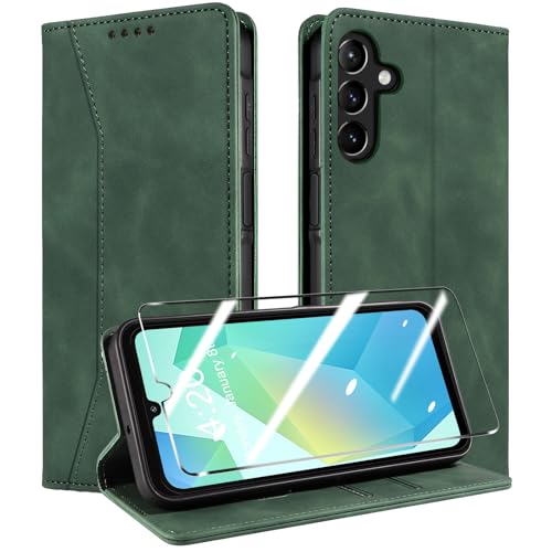 QHOHQ Handyhülle für Samsung Galaxy A16 4G / A16 5G / A26 5G Hülle mit Panzer Glas, Premium Leder Schutzhülle, [RFID Blockierung], Magnet Klappbar Flip Case Tasche, Multifunktional, Stoßfest-Grasgrün von QHOHQ