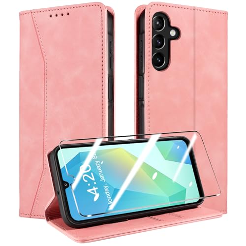 QHOHQ Handyhülle für Samsung Galaxy A16 4G / A16 5G / A26 5G Hülle mit Panzer Glas, Premium Leder Schutzhülle, [RFID Blockierung], Magnet Klappbar Flip Case Tasche, Multifunktional, Stoßfest-Rosa von QHOHQ