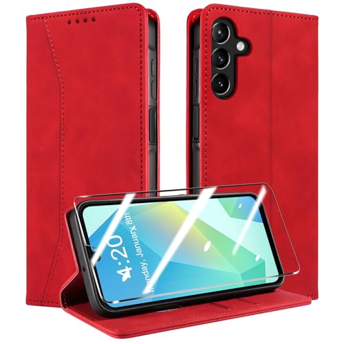 QHOHQ Handyhülle für Samsung Galaxy A16 4G / A16 5G / A26 5G Hülle mit Panzer Glas, Premium Leder Schutzhülle, [RFID Blockierung], Magnet Klappbar Flip Case Tasche, Multifunktional, Stoßfest-Rot von QHOHQ
