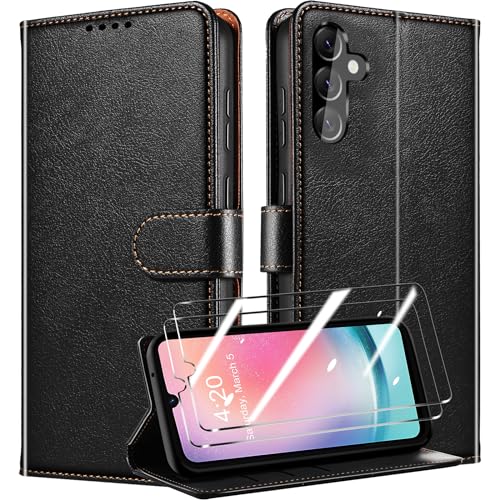 QHOHQ Handyhülle für Samsung Galaxy A24 4G / 5G Hülle + 2 Stück Panzer Schutz Glas, Premium PU Schutzhülle, [RFID Anti-Diebstahl Schutz], Magnetisches Flip Case für Samsung a24 4G / 5G - Schwarz von QHOHQ