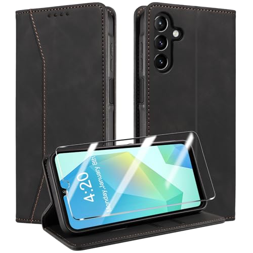 QHOHQ Handyhülle für Samsung Galaxy A16 4G / A16 5G / A26 5G Hülle mit Panzer Glas, Premium Leder Schutzhülle, [RFID Blockierung], Magnet Klappbar Flip Case Tasche, Multifunktional, Stoßfest-Schwarz von QHOHQ