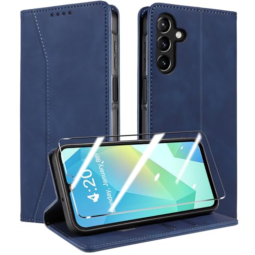 QHOHQ Handyhülle für Samsung Galaxy A16 4G / A16 5G / A26 5G Hülle mit Panzer Glas, Premium Leder Schutzhülle, [RFID Blockierung], Magnet Klappbar Flip Case Tasche, Multifunktional, Stoßfest-Tiefblau von QHOHQ