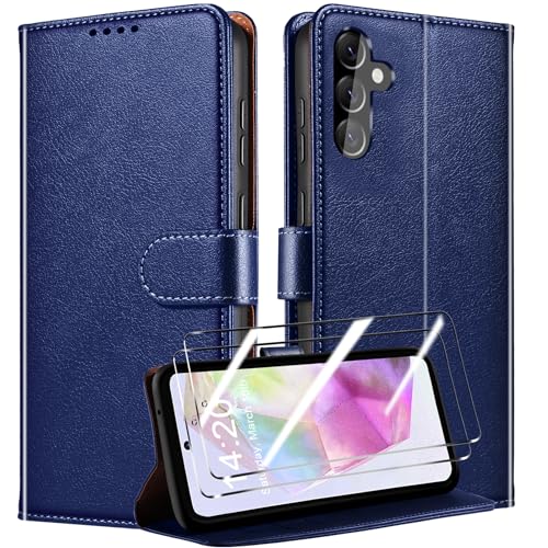 QHOHQ Handyhülle für Samsung Galaxy A35 5G Hülle mit 2 X Panzer Schutz Glas, Premium Leder Schutzhülle, [RFID Sperrung Schutz], Magnetische Schnalle, Multifunktional, Stoßfest (Klassiker) - Blau von QHOHQ