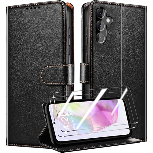 QHOHQ Handyhülle für Samsung Galaxy A35 5G Hülle mit 2 X Panzer Schutz Glas, Premium Leder Schutzhülle, [RFID Sperrung Schutz], Magnetische Schnalle, Multifunktional, Stoßfest (Klassiker) - Schwarz von QHOHQ