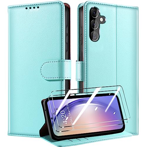 QHOHQ Handyhülle für Samsung Galaxy A54 5G Hülle mit 2 Stück Panzer Schutz Glas, Premium Leder Schutzhülle, [RFID Sperrung Schutz], Magnetische Schnalle, Multifunktional, Stoßfest - Mintgrün von QHOHQ