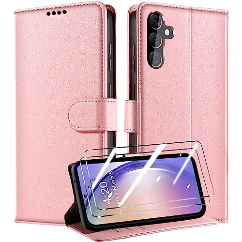 QHOHQ Handyhülle für Samsung Galaxy A54 5G Hülle mit 2 Stück Panzer Schutz Glas, Premium Leder Schutzhülle, [RFID Sperrung Schutz], Magnetische Schnalle, Multifunktional, Stoßfest - Rosa von QHOHQ