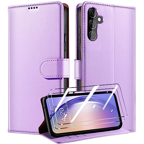 QHOHQ Handyhülle für Samsung Galaxy A54 5G Hülle mit 2 Stück Panzer Schutz Glas, Premium Leder Schutzhülle, [RFID Sperrung Schutz], Magnetische Schnalle, Multifunktional, Stoßfest - Violett von QHOHQ