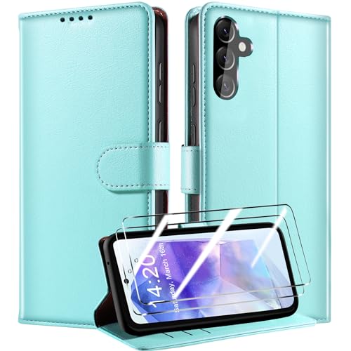 QHOHQ Handyhülle für Samsung Galaxy A55 5G Hülle mit 2 X Panzer Schutz Glas, Premium Leder Schutzhülle, [RFID Sperrung Schutz], Magnetische Schnalle, Multifunktional, Stoßfest (Klassiker)-Mintgrün von QHOHQ