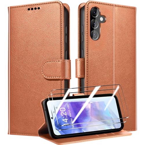 QHOHQ Handyhülle für Samsung Galaxy A55 5G Hülle mit 2 X Panzer Schutz Glas, Premium Leder Schutzhülle, [RFID Sperrung Schutz], Magnetische Schnalle, Multifunktional, Stoßfest (Klassiker) - Braun von QHOHQ