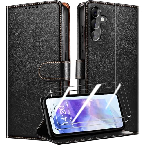 QHOHQ Handyhülle für Samsung Galaxy A55 5G Hülle mit 2 X Panzer Schutz Glas, Premium Leder Schutzhülle, [RFID Sperrung Schutz], Magnetische Schnalle, Multifunktional, Stoßfest (Klassiker) - Schwarz von QHOHQ