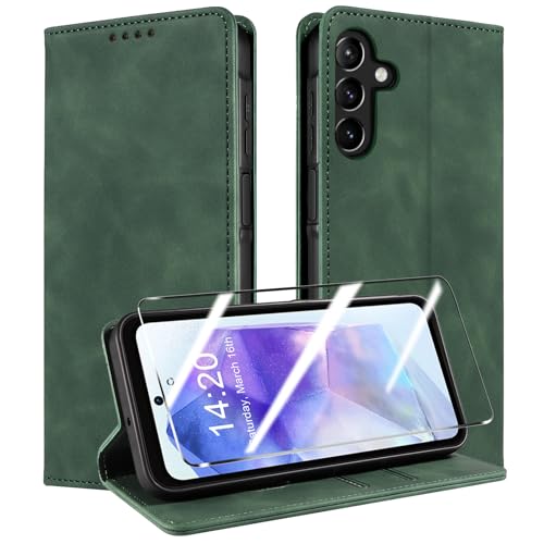 QHOHQ Handyhülle für Samsung Galaxy A55 5G Hülle [mit A55 Schutzfolie], Premium Lederhülle Schutzhülle, [RFID Sperrung Schutz], Magnet Klappbar Flip Case Tasche, Kartenfach (Retro)-Grasgrün von QHOHQ