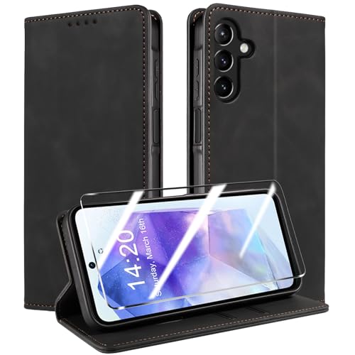 QHOHQ Handyhülle für Samsung Galaxy A55 5G Hülle [mit A55 Schutzfolie], Premium Lederhülle Schutzhülle, [RFID Sperrung Schutz], Magnet Klappbar Flip Case Tasche, Kartenfach (Retro)-Schwarz von QHOHQ