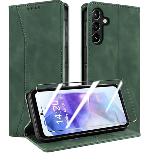QHOHQ Handyhülle für Samsung Galaxy A55 5G Hülle mit Panzerfolie, Premium Leder Schutzhülle, [RFID Sperrung Schutz], Magnet Klappbar Flip Case Tasche, Multifunktional, Stoßfest (Traum)-Grasgrün von QHOHQ