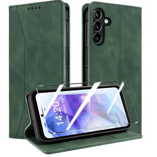 QHOHQ Handyhülle für Samsung Galaxy A55 5G Hülle mit, Premium Leder Schutzhülle, [RFID Sperrung Schutz], Magnet Klappbar Flip Case Tasche, Multifunktional, Stoßfest (Traum)-Grasgrün von QHOHQ