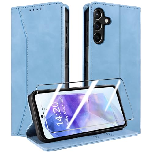 QHOHQ Handyhülle für Samsung Galaxy A55 5G Hülle mit Panzerfolie, Premium Leder Schutzhülle, [RFID Sperrung Schutz], Magnet Klappbar Flip Case Tasche, Multifunktional, Stoßfest (Traum)-Hellblau von QHOHQ