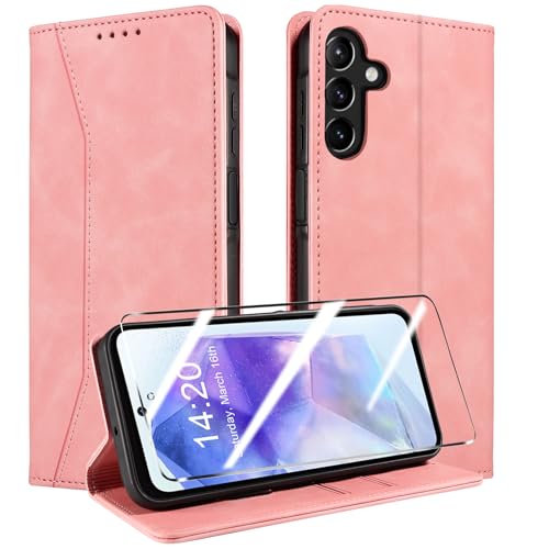 QHOHQ Handyhülle für Samsung Galaxy A55 5G Hülle mit Panzerfolie, Premium Leder Schutzhülle, [RFID Sperrung Schutz], Magnet Klappbar Flip Case Tasche, Multifunktional, Stoßfest (Traum)-Rosa von QHOHQ