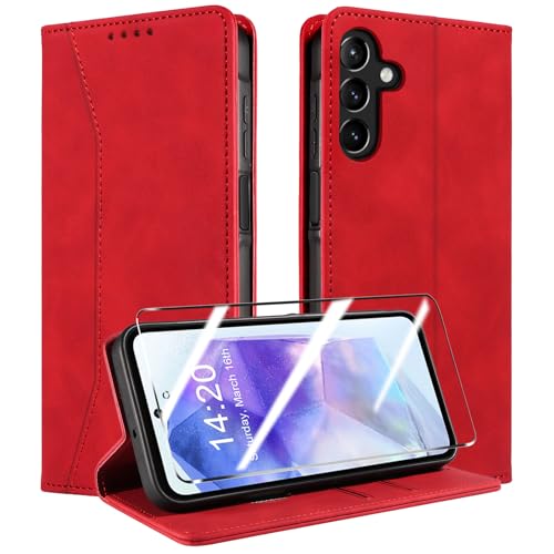 QHOHQ Handyhülle für Samsung Galaxy A55 5G Hülle mit Panzerfolie, Premium Leder Schutzhülle, [RFID Sperrung Schutz], Magnet Klappbar Flip Case Tasche, Multifunktional, Stoßfest (Traum)-Rot von QHOHQ