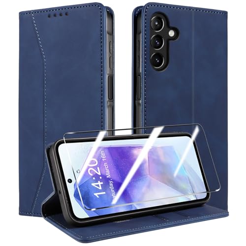 QHOHQ Handyhülle für Samsung Galaxy A55 5G Hülle mit Panzerfolie, Premium Leder Schutzhülle, [RFID Sperrung Schutz], Magnet Klappbar Flip Case Tasche, Multifunktional, Stoßfest (Traum)-Tiefblau von QHOHQ