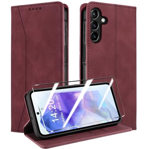 QHOHQ Handyhülle für Samsung Galaxy A55 5G Hülle mit Panzerfolie, Premium Leder Schutzhülle, [RFID Sperrung Schutz], Magnet Klappbar Flip Case Tasche, Multifunktional, Stoßfest (Traum)-Weinrot von QHOHQ