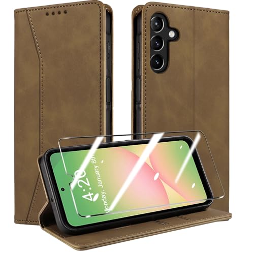 QHOHQ Handyhülle für Samsung Galaxy A56 / A36 5G Hülle mit Panzer Glas, Premium Leder Schutzhülle, [RFID Blockierung], Magnet Klappbar Flip Case Tasche, Multifunktional, Stoßfest-Braun von QHOHQ