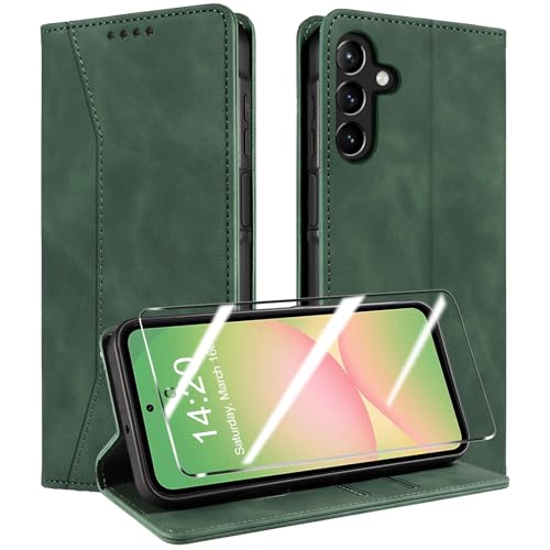 QHOHQ Handyhülle für Samsung Galaxy A56 / A36 5G Hülle mit Panzer Glas, Premium Leder Schutzhülle, [RFID Blockierung], Magnet Klappbar Flip Case Tasche, Multifunktional, Stoßfest-Grasgrün von QHOHQ
