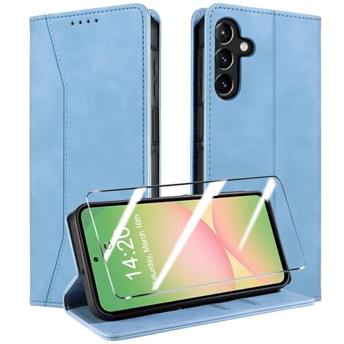 QHOHQ Handyhülle für Samsung Galaxy A56 / A36 5G Hülle mit Panzer Glas, Premium Leder Schutzhülle, [RFID Blockierung], Magnet Klappbar Flip Case Tasche, Multifunktional, Stoßfest-Hellblau von QHOHQ