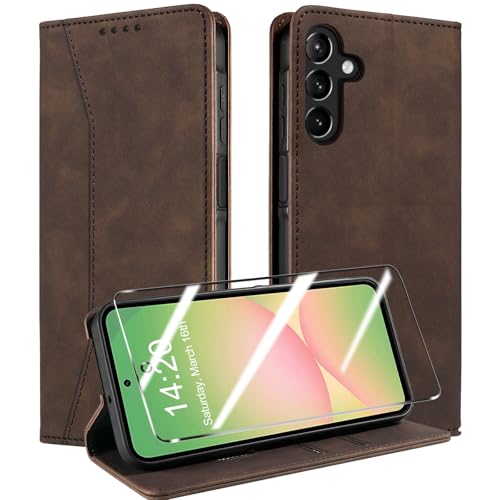 QHOHQ Handyhülle für Samsung Galaxy A56 / A36 5G Hülle mit Panzer Glas, Premium Leder Schutzhülle, [RFID Blockierung], Magnet Klappbar Flip Case Tasche, Multifunktional, Stoßfest-Kaffee von QHOHQ