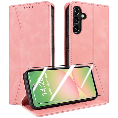 QHOHQ Handyhülle für Samsung Galaxy A56 / A36 5G Hülle mit Panzer Glas, Premium Leder Schutzhülle, [RFID Blockierung], Magnet Klappbar Flip Case Tasche, Multifunktional, Stoßfest-Rosa von QHOHQ