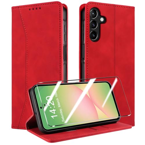 QHOHQ Handyhülle für Samsung Galaxy A56 / A36 5G Hülle mit Panzer Glas, Premium Leder Schutzhülle, [RFID Blockierung], Magnet Klappbar Flip Case Tasche, Multifunktional, Stoßfest-Rot von QHOHQ