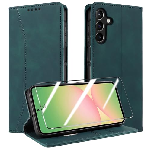 QHOHQ Handyhülle für Samsung Galaxy A56 / A36 5G Hülle mit Panzer Glas, Premium Leder Schutzhülle, [RFID Blockierung], Magnet Klappbar Flip Case Tasche, Multifunktional, Stoßfest-Seegrün von QHOHQ