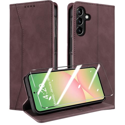 QHOHQ Handyhülle für Samsung Galaxy A56 / A36 5G Hülle mit Panzer Glas, Premium Leder Schutzhülle, [RFID Blockierung], Magnet Klappbar Flip Case Tasche, Multifunktional, Stoßfest-Weinrot von QHOHQ