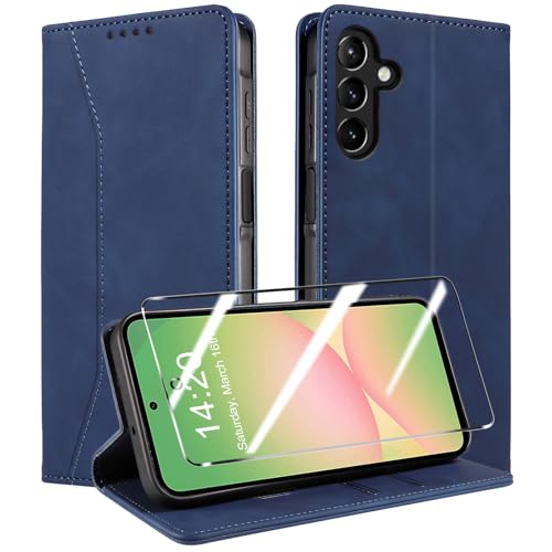 QHOHQ Handyhülle für Samsung Galaxy A56 / A36 5G Hülle mit Panzer Glas, Premium Leder Schutzhülle, [RFID Blockierung], Magnet Klappbar Flip Case Tasche, Multifunktional, Stoßfest-Tiefblau von QHOHQ