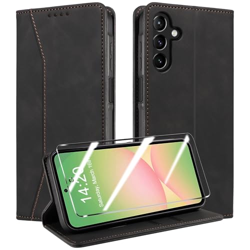 QHOHQ Handyhülle für Samsung Galaxy A56 / A36 5G Hülle mit Panzer Glas, Premium Leder Schutzhülle, [RFID Blockierung], Magnet Klappbar Flip Case Tasche, Multifunktional, Stoßfest-Schwarz von QHOHQ