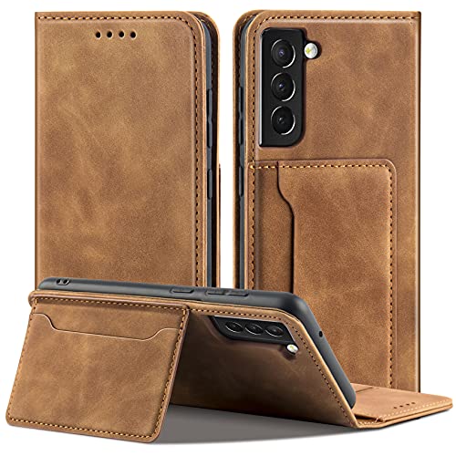 QHOHQ Handyhülle für Samsung Galaxy S21 FE 5G Hülle, Intelligente Halterung Premium Leder Magnetisch Geschäftsstil Case Schutzhülle für Samsung S21 FE 5G - Braun von QHOHQ