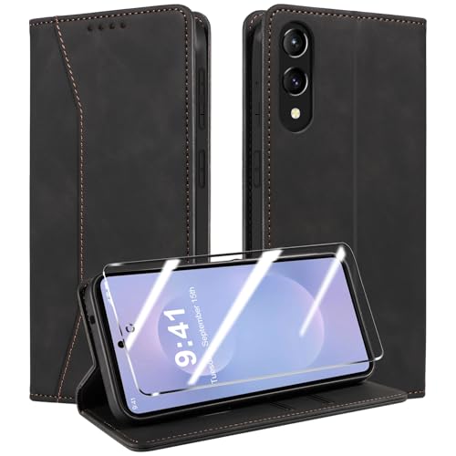QHOHQ Handyhülle für Samsung Galaxy S25 Edge 5G Hülle mit Panzer Folie, Premium Leder Schutzhülle, [RFID Sperrung Schutz], Magnet Klappbar Flip Case Tasche, Multifunktional, Stoßfest (Traum)-Schwarz von QHOHQ