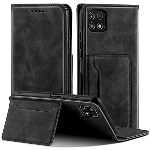 QHOHQ Hülle für Samsung Galaxy A22 5G (Nicht Galaxy A22 4G),[Intelligente Ständer] [Premium Leder] [Handyhülle mit Kartenhalter] Magnetisch Flip Case Schutzhülle für Samsung A22 5G-Schwarz von QHOHQ
