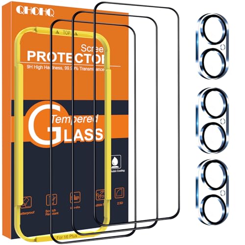 QHOHQ für iPhone 16 Plus für Panzerglas mit Kamera Schutzfolie, Militärstandard Schutz, [Full Screen], Ultra Top 9H+ Glas Folie, Anti-Fingerabdruck, Anti-Kratzer, mit Installationshilfe [3+3 Stück] von QHOHQ