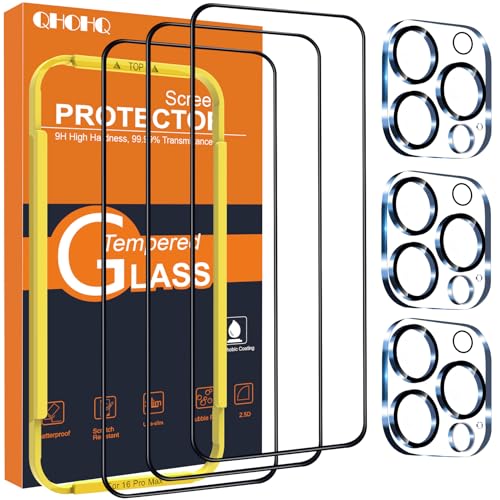 QHOHQ für iPhone 16 Pro Max für Panzerglas mit Kamera Schutzfolie, Militärstandard Schutz, [Full Screen], Ultra Top 9H+ Glas Folie, Anti-Fingerabdruck, Anti-Kratzer, mit Installationshilfe [3+3 Stück] von QHOHQ