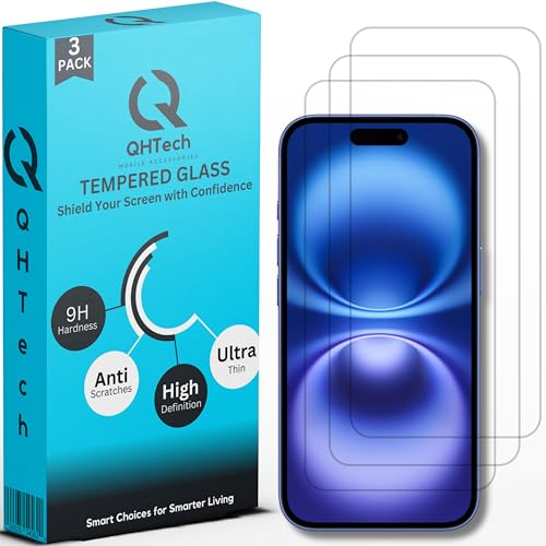 QHTech 3er Pack, Schutzglas für iPhone 16, Kratzfrei, 9H Härte, HD Displayschutz, 0,33mm Ultra Klar, Ultra Resistant für (iPhone 16) von QHTech