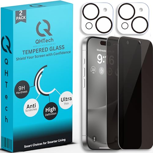 QHTech Sichtschutz für iPhone mit 2er-Pack Kameraschutz, Anti-Spion-Displayschutz aus gehärtetem Glas für (iPhone 15) von QHTech