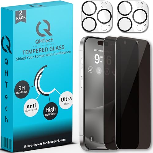 QHTech Sichtschutz für iPhone mit 2er-Pack Kameraschutz, Anti-Spion-Displayschutz aus gehärtetem Glas für (iPhone 16 Pro) von QHTech
