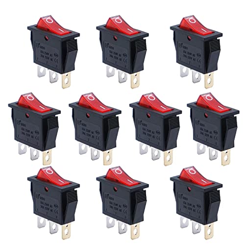 QIACHIP 10 Stück Kippschalter AC 250 V / 15 A, 125 V / 20 A rot beleuchtet Ein/Aus SPST 3 Pin 2 Position Wippschalter für Autos und Boote KCD3 von QIACHIP