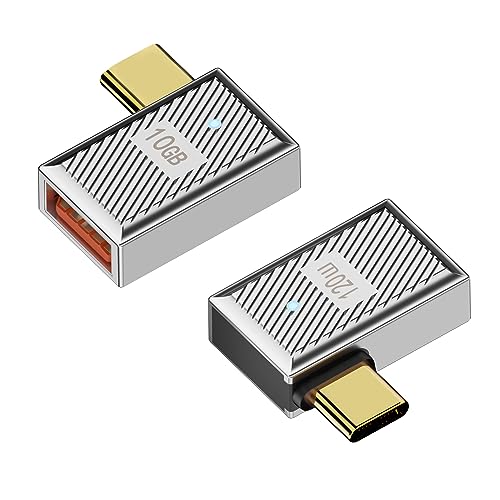 QIANRENON 10Gbps USB C auf USB3.1 90° Winkel OTG Adapter 120W Type C Stecker auf USB3.1 Buchse Recht Winklel Laden Daten Anschluss,Zn-Legierung/LED,für Telefon Laptop Tablet, Silbern/Seite biegen,2Pcs von QIANRENON