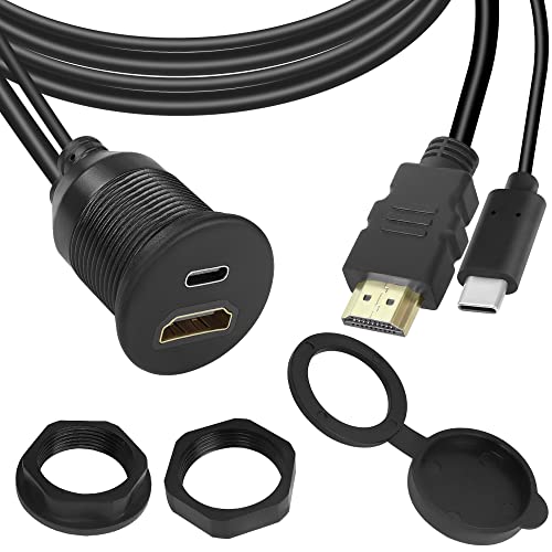 QIANRENON 2 in 1 USB C HDMI Gewinde Befestigung Eingebettet Wasserdichtes Kabel Adapter USB C 2.0+HDMI 1.4 Stecker auf Buchse Panel Montage Kabel,4K@60HZ,für Auto Armaturenbrett Schreibtisch,1M/3.3ft von QIANRENON